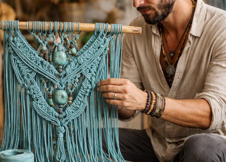 artesanos mexicano elaborando pieza de macramé turquesa en taller avanzado de joyería artesanal en Ciudad de México.