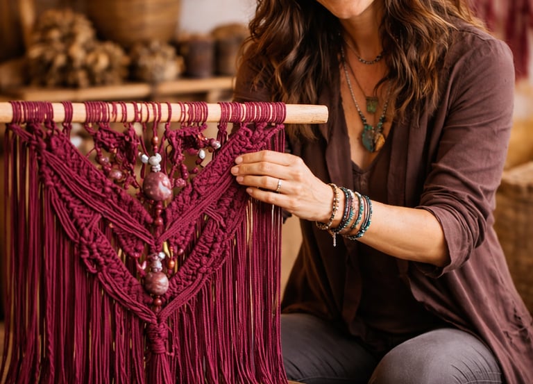 artesana mexicana tejiendo pieza de macramé color vino, creando diseño hecho a mano con materiales naturales y estilo bohemio