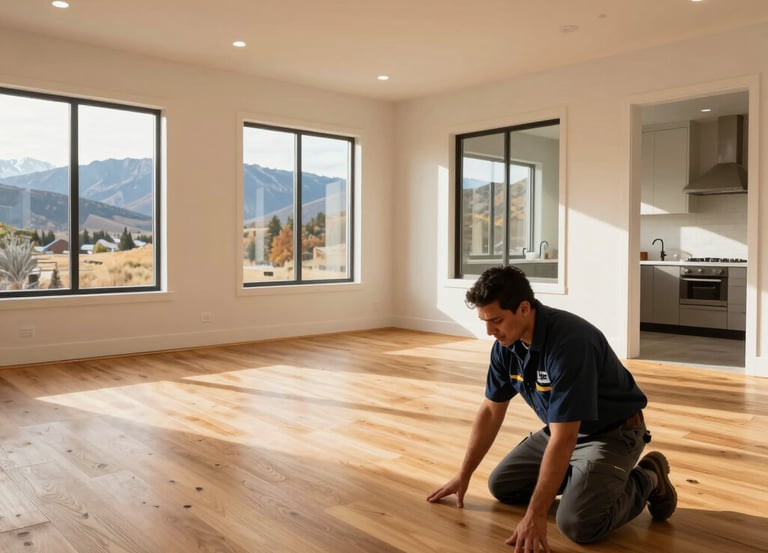 A skilled technician installing new flooring in a cozy living room.
