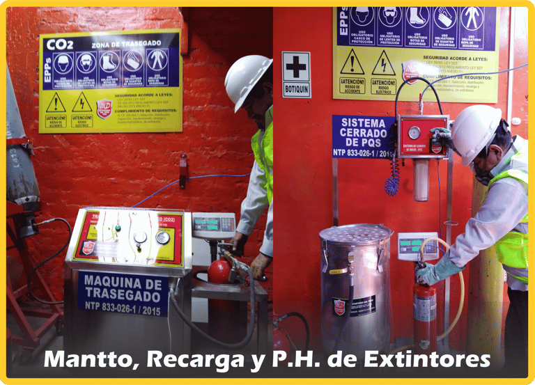 Personal técnico de MD Extintores realizando mantenimiento, recarga y prueba hidrostática