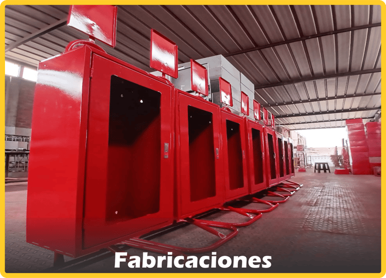 Línea de producción de gabinetes metálicos rojos para extintores fabricados por MD Extintores