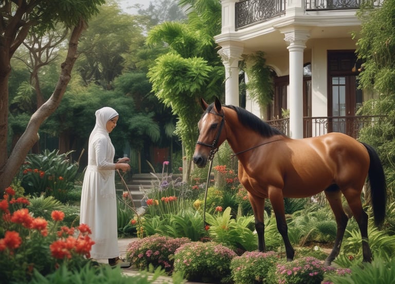 A gardener carefully planting colorful flowers in a lush backyard garden.