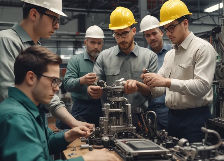Industrial engineers collaborating on a project in a modern workspace.