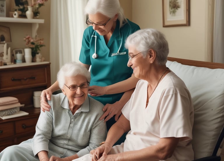 A warm caregiver gently holding an elderly person's hand in a cozy living room.