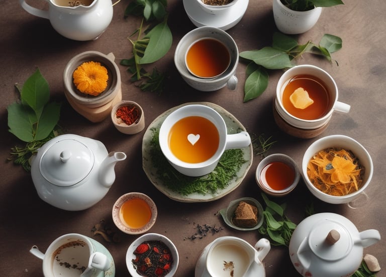 A cozy morning scene with a cup of herbal tea and a notebook on a wooden table.