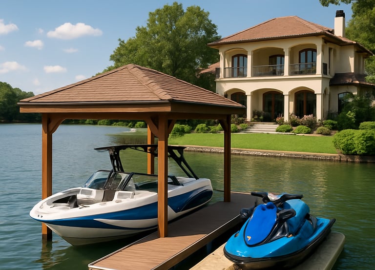 A peaceful lakeside scene showing a well-maintained dock with a boat and several water toys neatly arranged.