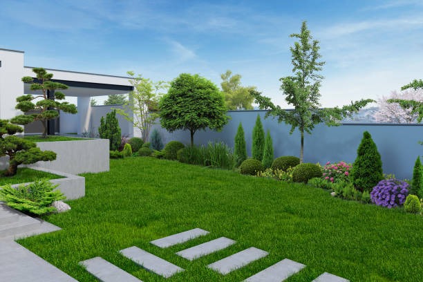 3D photorealistic rendering of a modern backyard design.