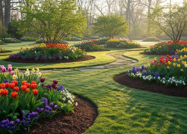 Vibrant spring flower beds and manicured lawn