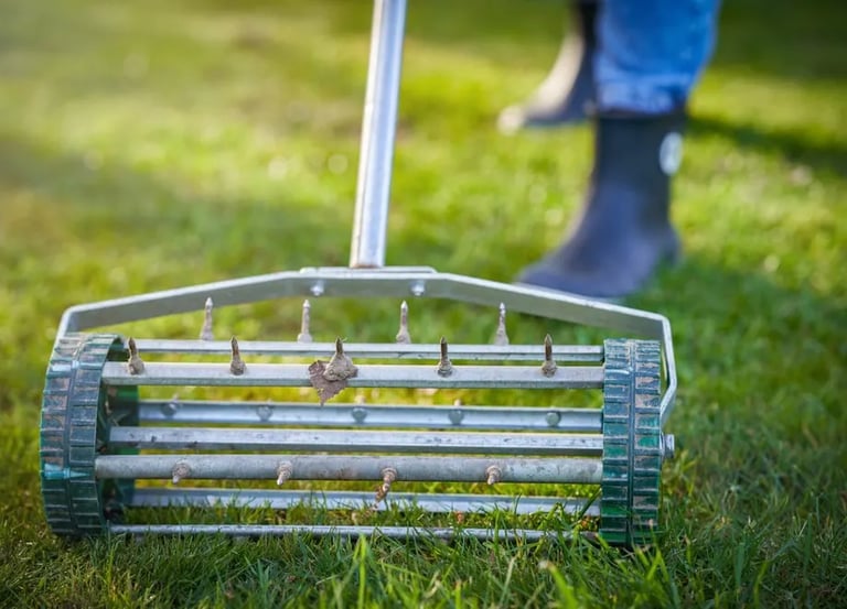 Core aeration process on a residential lawn
