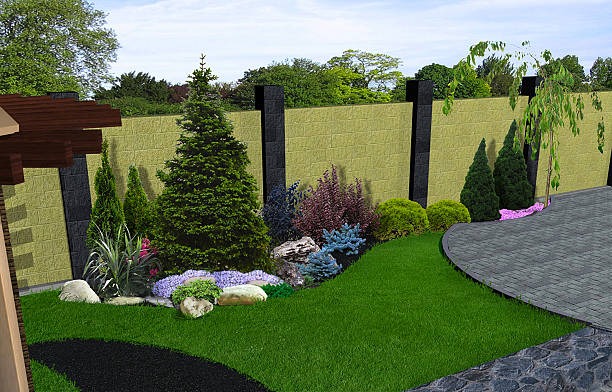 3D visualization of custom garden landscaping and fencing.