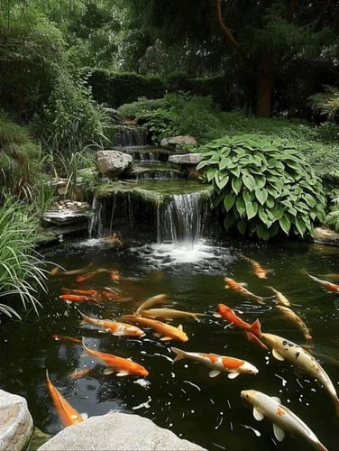 Tiered waterfall feature and koi pond.