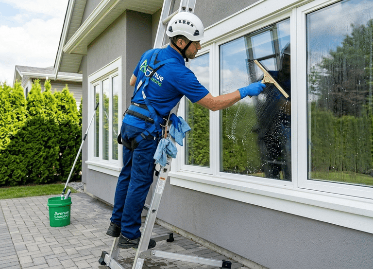 Professional exterior window cleaning.