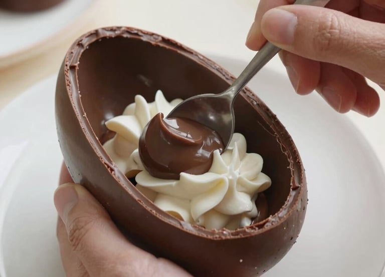 Close-up of gourmet chocolate spoon eggs with rich fillings and decorative toppings.