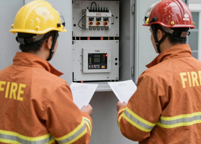 Technician performing safety inspection on industrial equipment in a bright workspace.