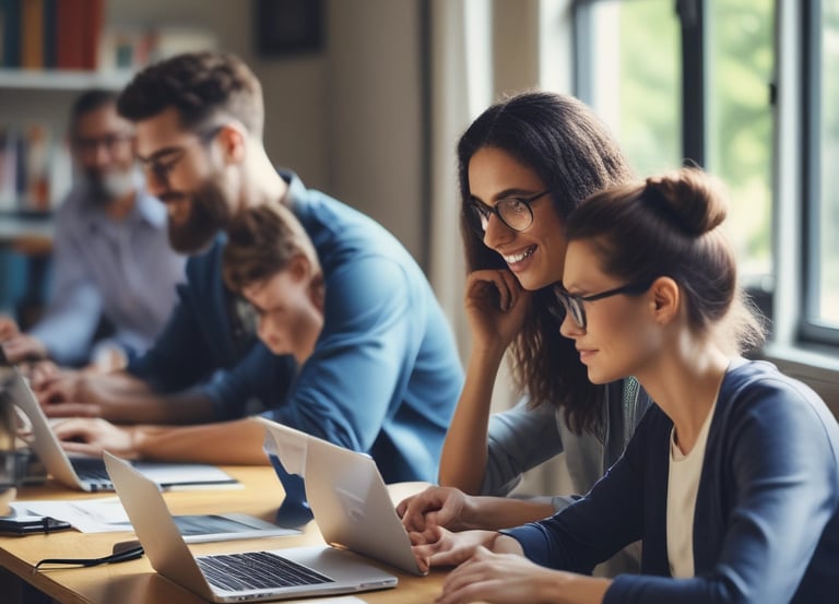 A person happily studying on a laptop with certification icons floating around.
