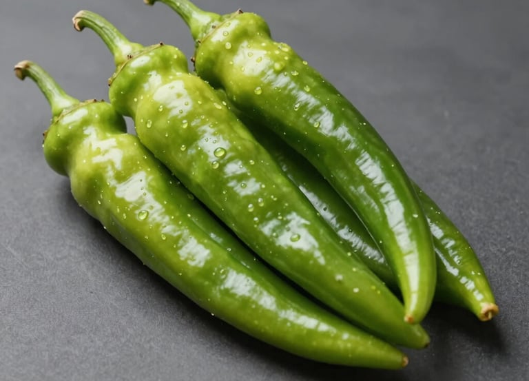 Fresh Samandağ peppers hanging on a vine in a sunlit garden.