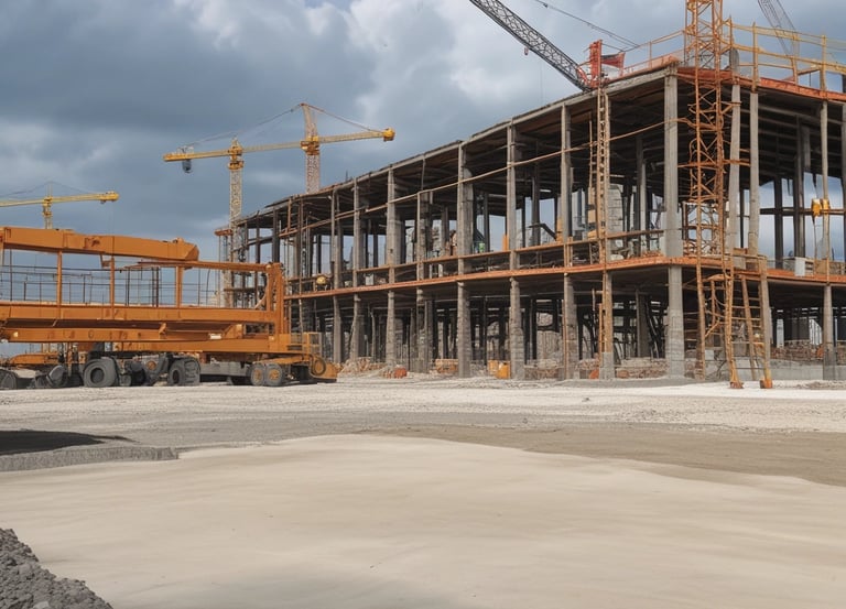 Engineers collaborating over blueprints at a modern construction site.