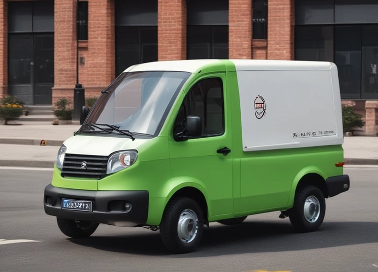 A compact electric mini truck loaded with fresh produce on a bustling city street.