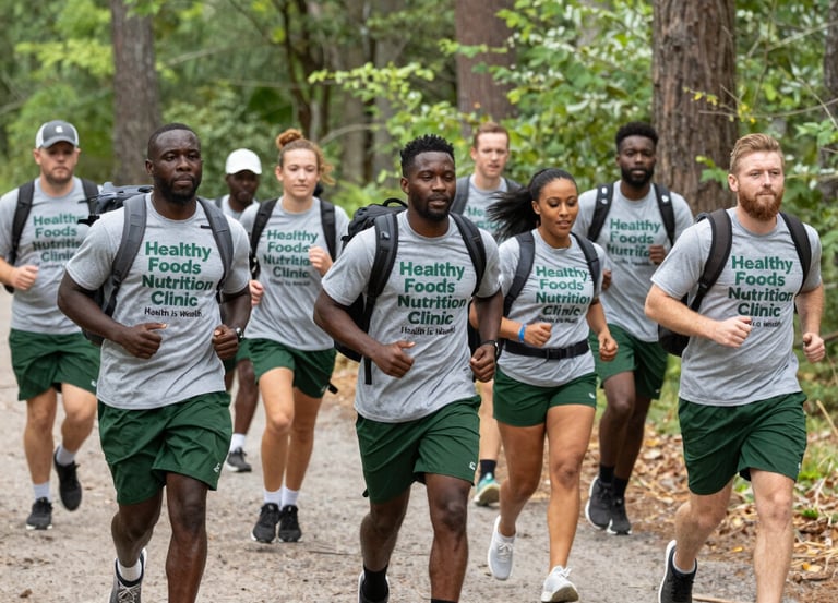 A vibrant scene of a diverse group enjoying an outdoor fitness class surrounded by nature.
