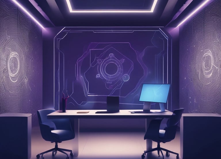 A modern office scene showing AI technology assisting business tasks on multiple devices.