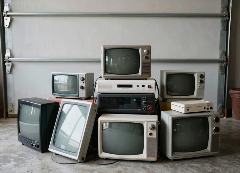 Collection of vintage cathode-ray tube CRT televisions and VCR players stacked in a garage.
