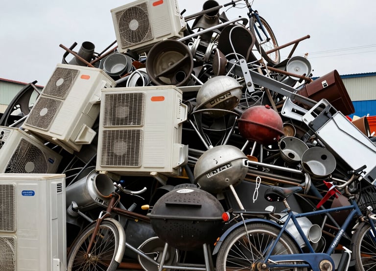 A large pile of scrap metal recycling including old air conditioners, bicycles, and grills.