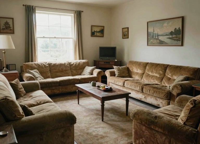 Vintage living room with brown velvet sofas, a wooden coffee table, and landscape wall art.
