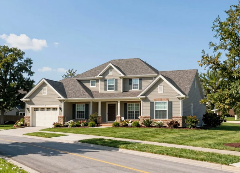 Modern two-story suburban home with tan siding, stone accents, and a two-car garage.