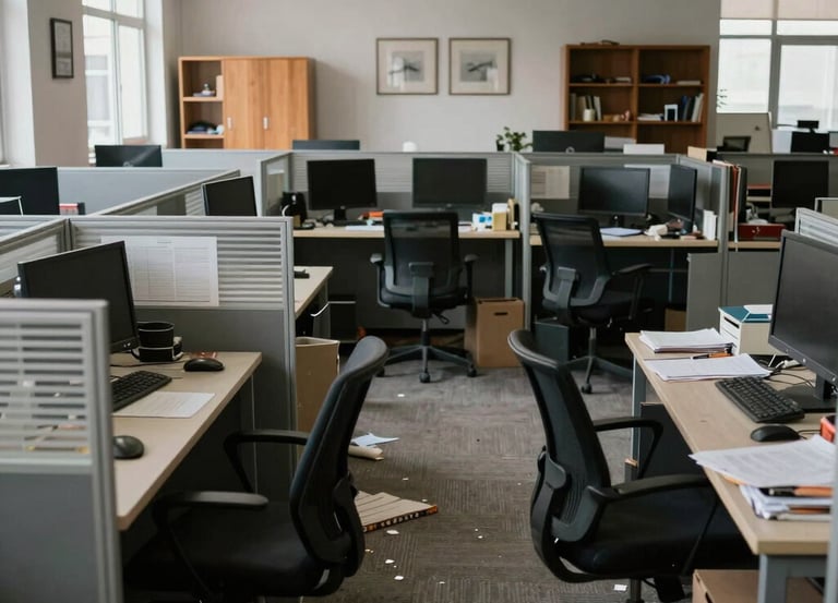 Modern open plan office with rows of cubicle desks, black chairs, and dual monitors.