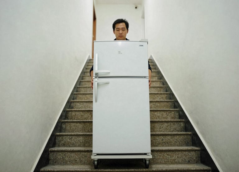 A junk removal man carefully moves a white refrigerator up a narrow apartment staircase.