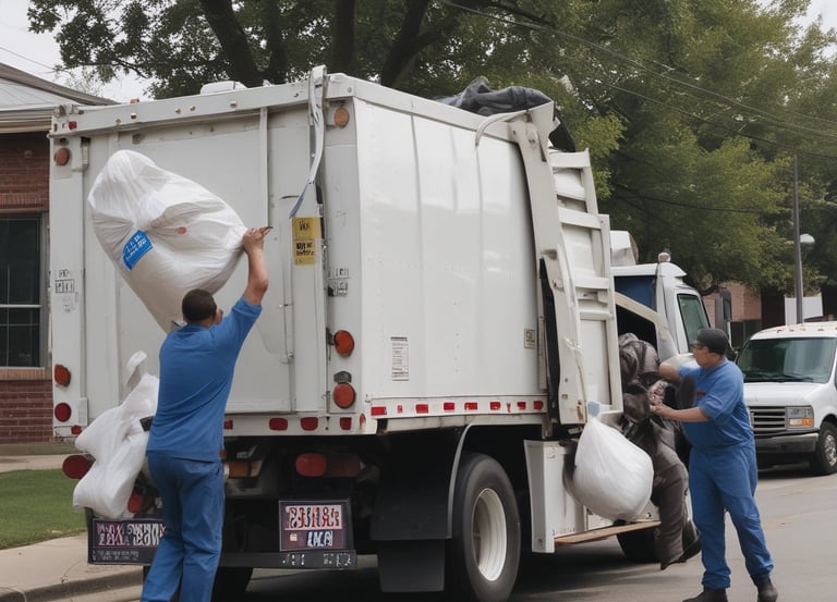 A RuralClear Trash truck collecting bins along a quiet country road lined with trees and fields.