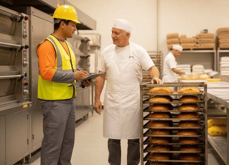 Quality control inspector taking notes while talking to a baker in a commercial bakery facility with bread racks.
