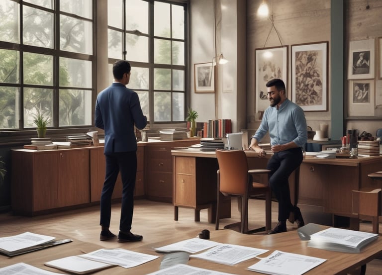 A professional consultant discussing franchise investment plans with a client over documents.