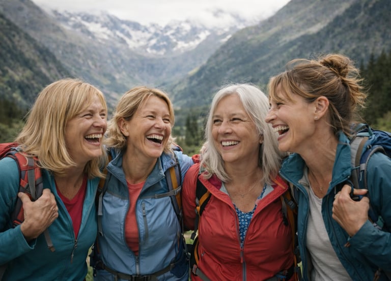 cuatro mujeres riendo en un  paseo de montaña