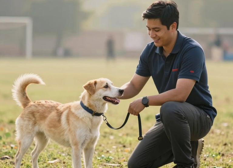 A happy dog sitting attentively with its trainer in a sunny park in Kolkata.