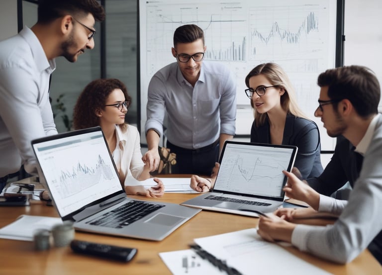A professional team collaborating around a laptop with charts and notes.