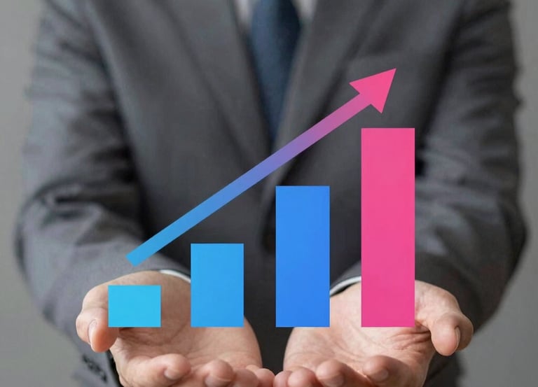 Businessman holding a colorful rising bar chart with an upward arrow representing business growth.