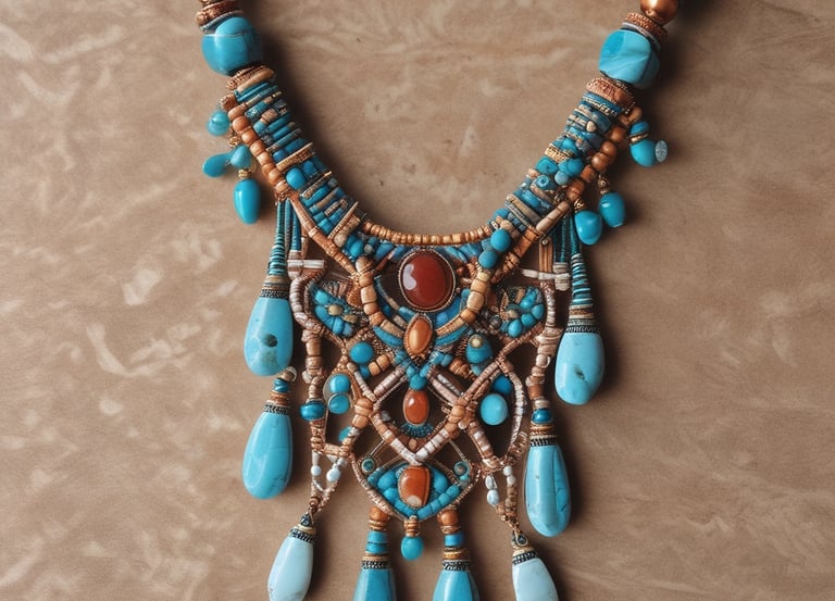 Collar bohemio artesanal de turquesa tipo statement, con intrincado trabajo de macramé