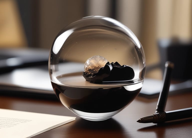 A sleek, modern office interior with polished wood and soft lighting, evoking luxury and professionalism.