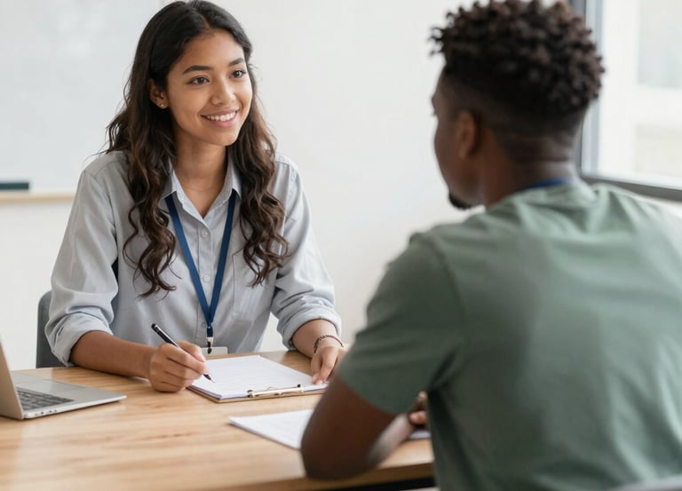 A warm, inviting consultation setting with a mentor and client engaged in discussion over educational plans.