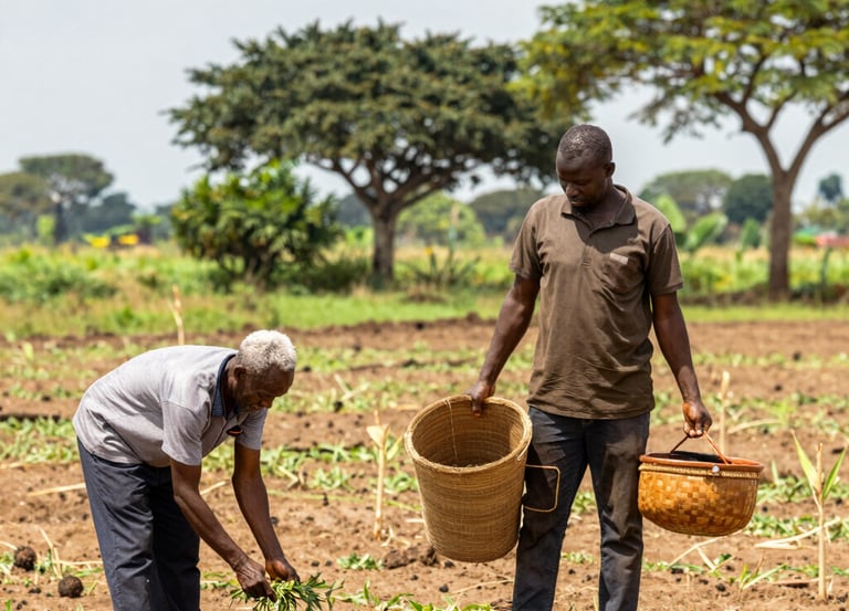 A strategic meeting between French consultants and Ivorian farmers discussing agricultural project plans.