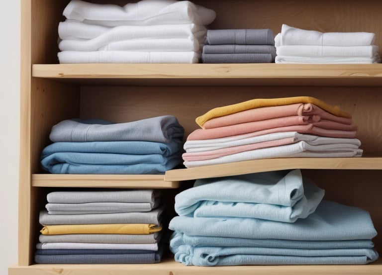 Cozy laundry room with soft pink accents and neatly folded clothes on wooden shelves.