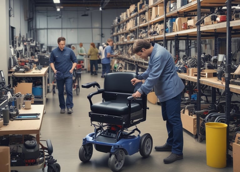 Technician carefully repairing a mobility scooter in a bright workshop.