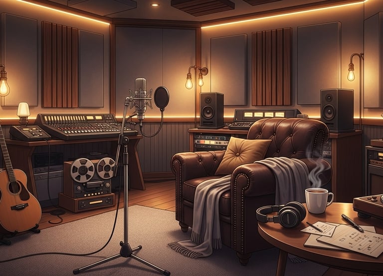 Cozy vintage recording studio with guitar, microphone and coffee cup.