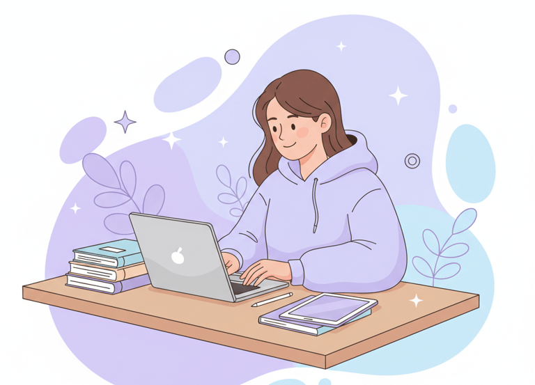 Flat vector illustration of a student blogger working at a desk with laptop, tablet, and books, past