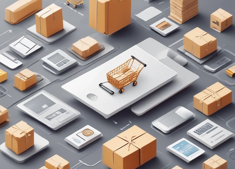 A vibrant workspace showing a laptop with multiple social media icons and packages ready to ship.