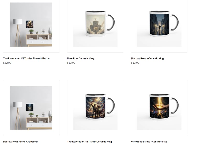 Collection of artistic home decor items featuring fine art posters and ceramic mugs with surreal digital illustrations.