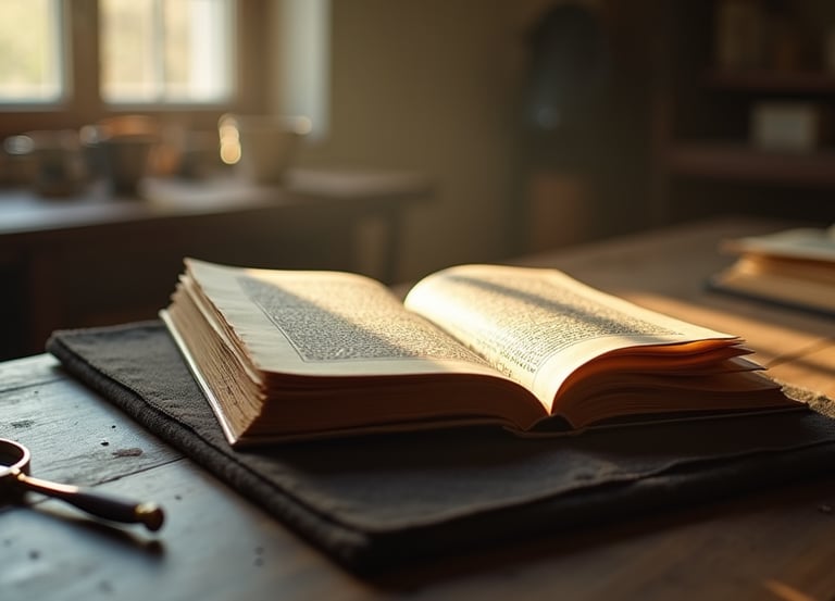 An open vintage book on a rustic wooden desk with a magnifying glass in warm sunlight.