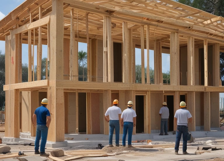 Modern real estate development office with blue and green accents reflecting the brand colors.
