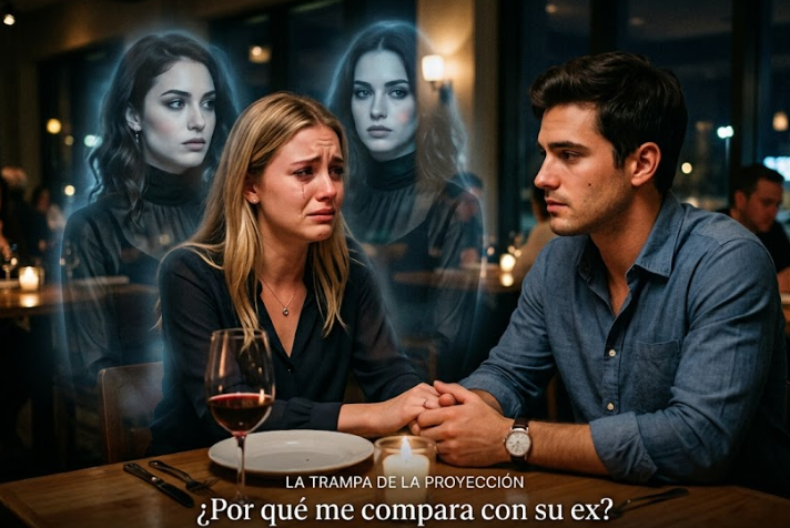 Una mujer llora durante una cita con un hombre, mientras visiones fantasmales de la exnovia de él ac